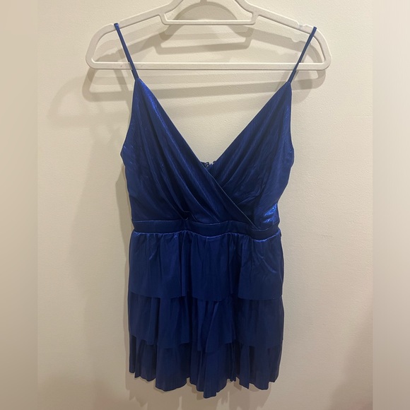 Lulu's Tier to Party Blue Shiny Sleeveless Tiered Mini Dress - Picture 3 of 4